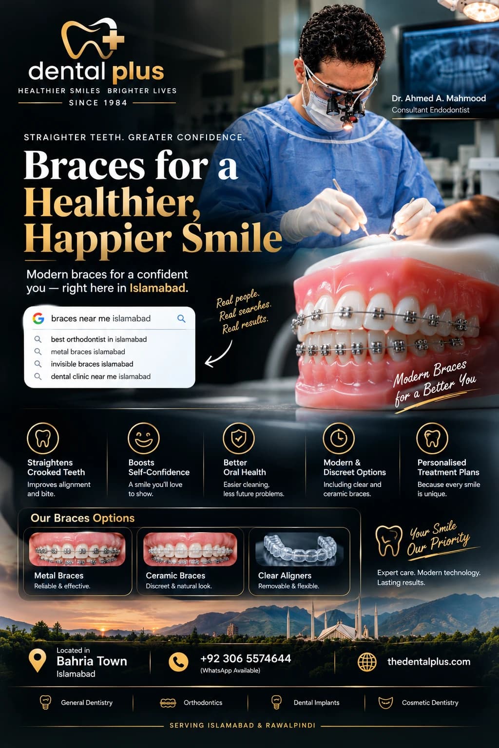 Braces at Dental Plus, Bahria Town: a model of teeth with metal braces, and the three options the clinic offers, metal braces, ceramic braces and clear aligners, for patients from Rawalpindi and Islamabad