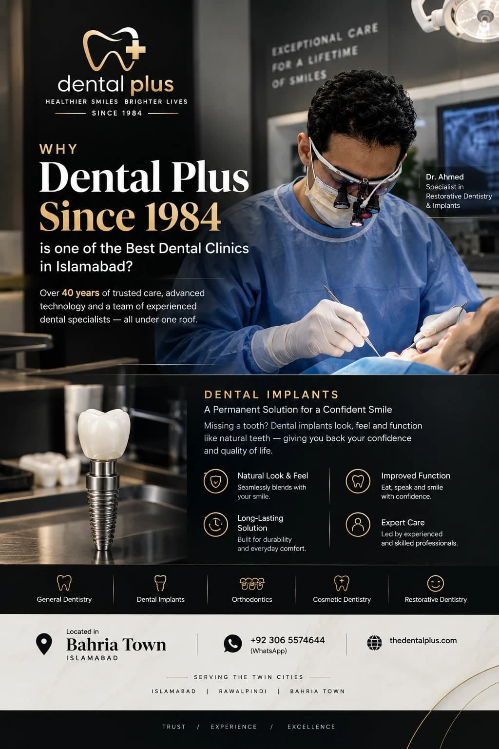 Dental Plus dental implants poster: a dentist wearing magnifying loupes treating a patient, a model of an implant with a crown, the benefits of implants, the clinic services, and the Bahria Town, Rawalpindi location