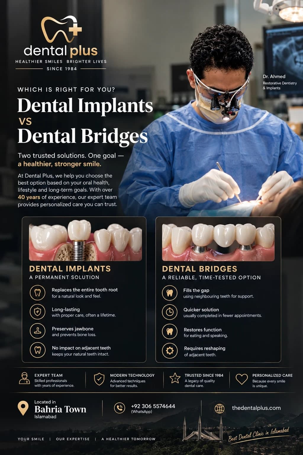 Dental implants vs dental bridges poster: an implant with a crown set in the jawbone beside a three-tooth bridge resting on two neighbouring teeth, with the main benefits of each