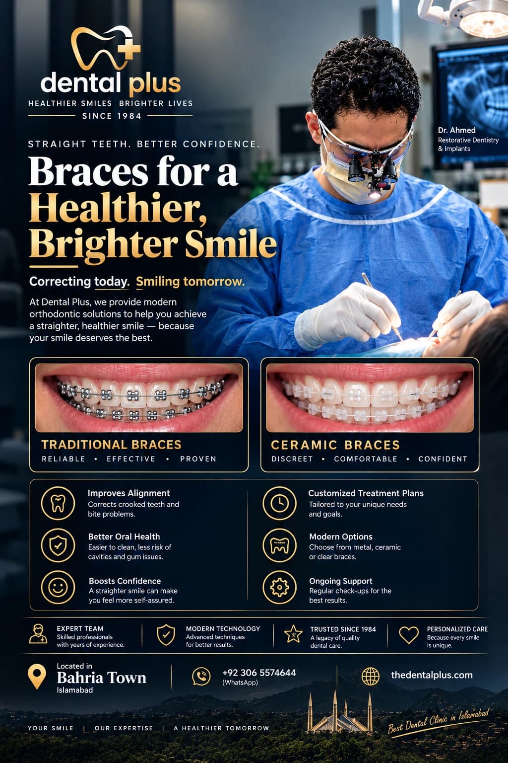 Traditional metal braces beside tooth-coloured ceramic braces, with the benefits of straightening teeth: better alignment, easier cleaning and a more confident smile, at Dental Plus in Bahria Town Rawalpindi