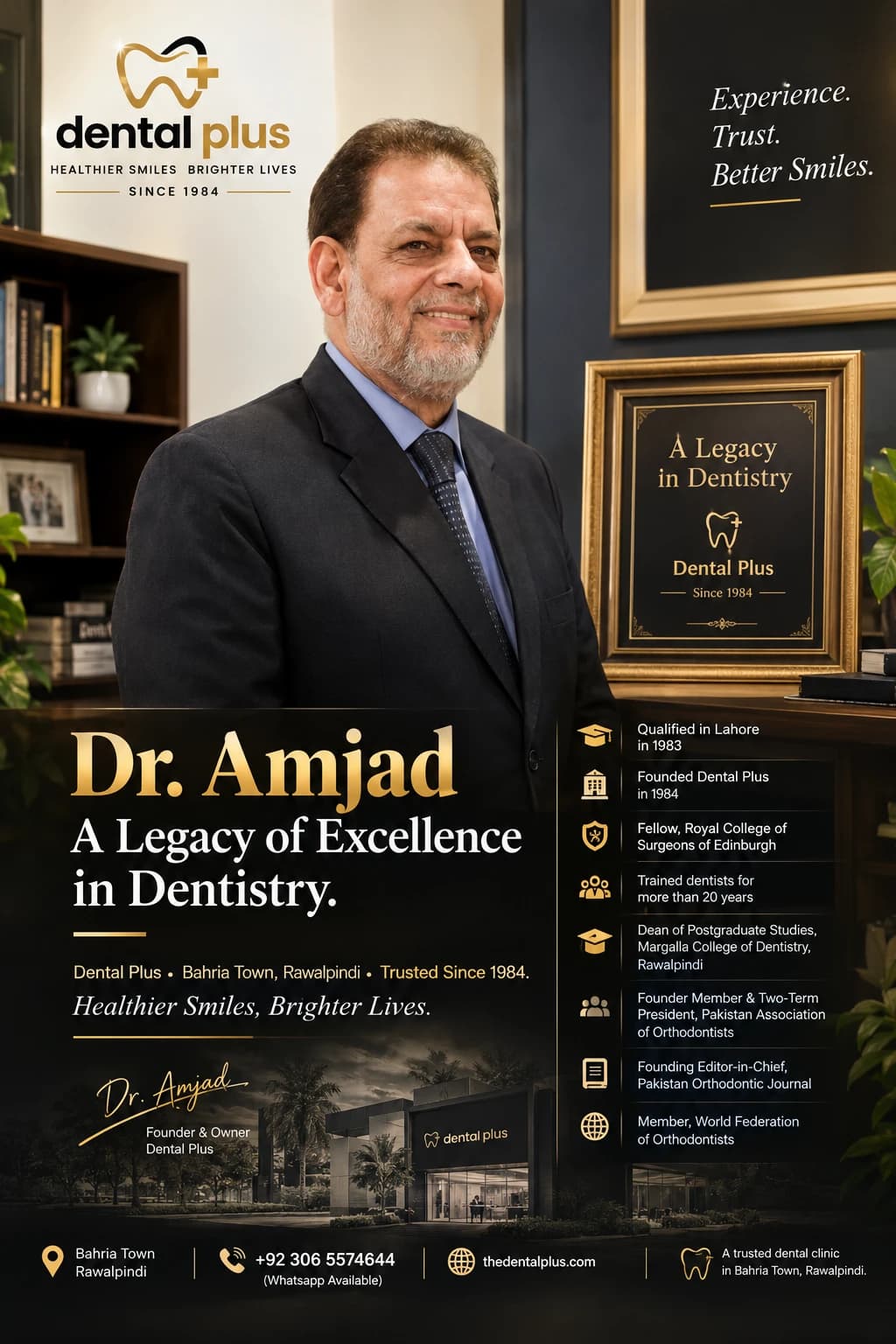 Prof. Dr Amjad Mahmood, founder and owner of Dental Plus, Bahria Town Rawalpindi: qualified in Lahore in 1983, founded Dental Plus in 1984, Fellow of the Royal College of Surgeons of Edinburgh, Dean of Postgraduate Studies at Margalla College of Dentistry, two-term President of the Pakistan Association of Orthodontists and founding Editor-in-Chief of the Pakistan Orthodontic Journal