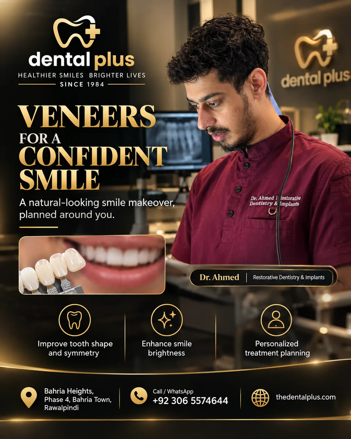 Veneers for a confident smile at Dental Plus, since 1984: Dr Ahmad Mahmood, restorative dentistry and implants, with a shade guide of porcelain veneers, at Bahria Heights, Bahria Town Phase 4, Rawalpindi